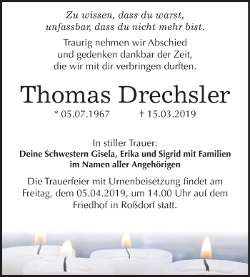 Traueranzeige von Thomas Drechsler von Mitteldeutsche Zeitung