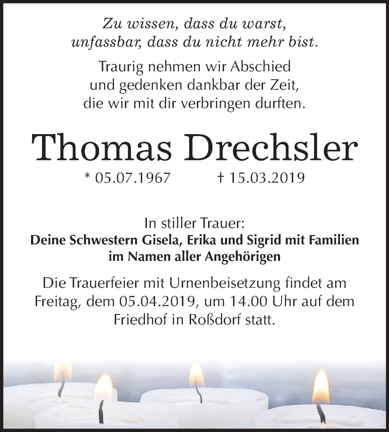  Traueranzeige für Thomas Drechsler vom 30.03.2019 aus Mitteldeutsche Zeitung