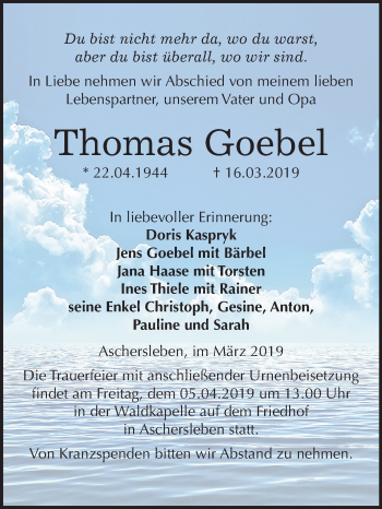 Traueranzeige von Thomas Goebel von Mitteldeutsche Zeitung