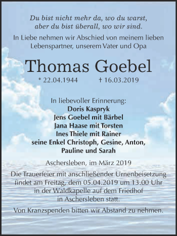Traueranzeige von Thomas Goebel von Super Sonntag Aschersleben