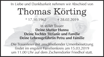 Traueranzeige von Thomas Körting von WVG - Wochenspiegel Dessau / Köthen