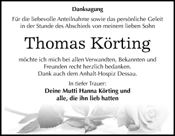Traueranzeige von Thomas Körting von Mitteldeutsche Zeitung Dessau-Roßlau