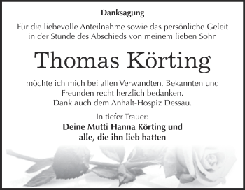 Traueranzeige von Thomas Körting von WVG - Wochenspiegel Dessau / Köthen