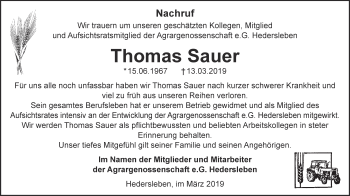 Traueranzeige von Thomas Sauer von Super Sonntag Quedlinburg