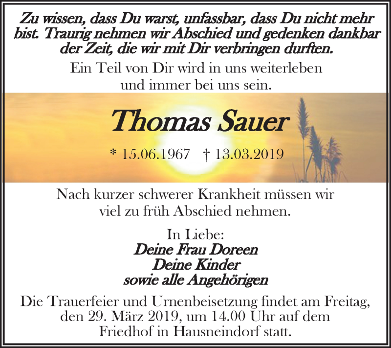 Traueranzeige für Thomas Sauer vom 21.03.2019 aus Mitteldeutsche Zeitung Quedlinburg
