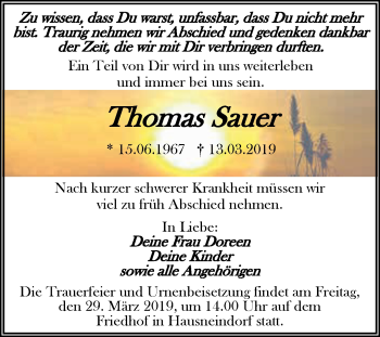 Traueranzeige von Thomas Sauer von Super Sonntag Aschersleben