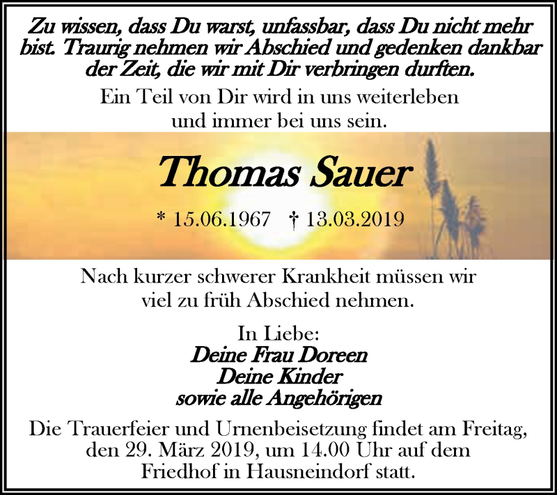  Traueranzeige für Thomas Sauer vom 23.03.2019 aus Super Sonntag Aschersleben