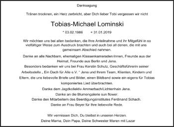 Traueranzeige von Tobias-Michael Lominski von Super Sonntag Wittenberg