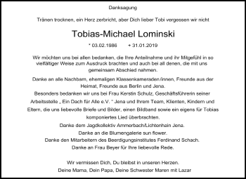 Traueranzeige von Tobias-Michael Lominski von Mitteldeutsche Zeitung