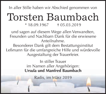 Traueranzeige von Torsten Baumbach von WVG - Wochenspiegel Wittenberg