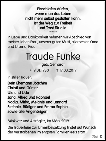 Traueranzeige von Traude Funke von Mitteldeutsche Zeitung Zeitz