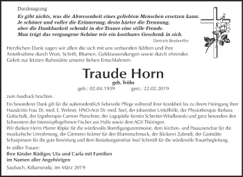 Traueranzeige von Traude Horn von WVG - Wochenspiegel NMB / WSF / ZTZ