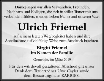 Traueranzeige von Ulrich Friemel von WVG - Wochenspiegel Quedlinburg