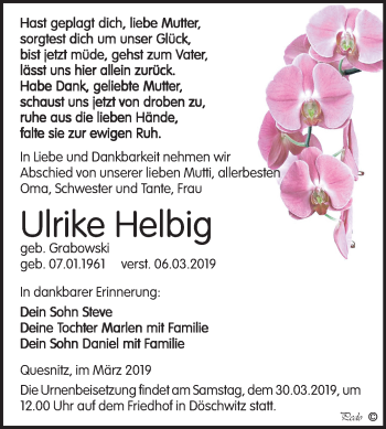 Traueranzeige von Ulrike Helbig von Mitteldeutsche Zeitung Zeitz