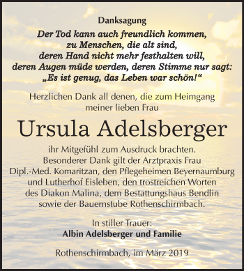 Traueranzeige von Ursula Adelsberger von Mitteldeutsche Zeitung