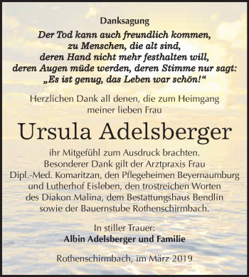 Traueranzeige von Ursula Adelsberger von Super Sonntag SGH Mansf. Land