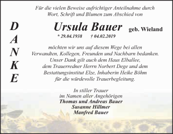 Traueranzeige von Ursula Bauer von WVG - Wochenspiegel Dessau / Köthen