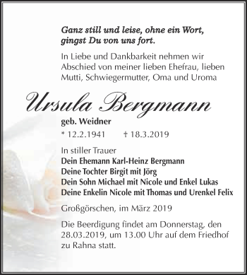 Traueranzeige von Ursula Bergmann von Super Sonntag Merseburg