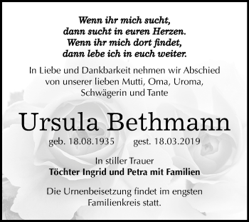 Traueranzeige von Ursula Bethmann von Mitteldeutsche Zeitung Bernburg