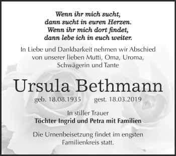 Traueranzeige von Ursula Bethmann von Super Sonntag Bernburg