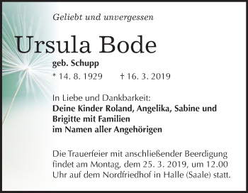 Traueranzeige von Ursula Bode von Mitteldeutsche Zeitung Halle/Saalkreis