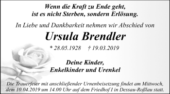 Traueranzeige von Ursula Brendler von Mitteldeutsche Zeitung