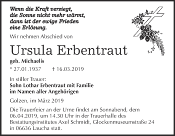 Traueranzeige von Ursula Erbentraut von WVG - Wochenspiegel NMB / WSF / ZTZ