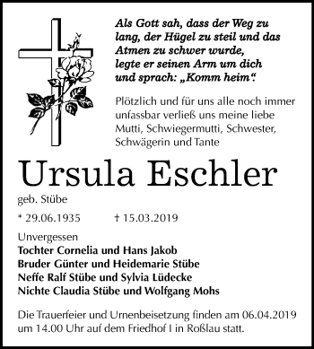 Traueranzeige von Ursula Eschler von WVG - Wochenspiegel Dessau / Köthen