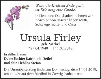 Traueranzeige von Ursula Firley von Super Sonntag Wittenberg
