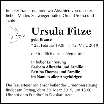 Traueranzeige von Ursula Fitze von Mitteldeutsche Zeitung Halle/Saalkreis