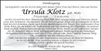 Traueranzeige von Ursula Klotz von WVG - Wochenspiegel Dessau / Köthen