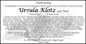 Traueranzeige von Ursula Klotz von Mitteldeutsche Zeitung Dessau-Roßlau