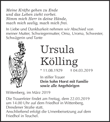 Traueranzeige von Ursula Kölling von WVG - Wochenspiegel Wittenberg