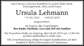 Traueranzeige von Ursula Lehmann von Mitteldeutsche Zeitung Halle/Saalkreis