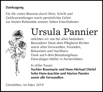Traueranzeige von Ursula Pannier von Mitteldeutsche Zeitung Aschersleben