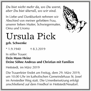 Traueranzeige von Ursula Pick von Wochenspiegel Mansfelder Land