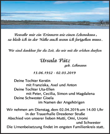 Traueranzeige von Ursula Pätz von WVG - Wochenspiegel Wittenberg