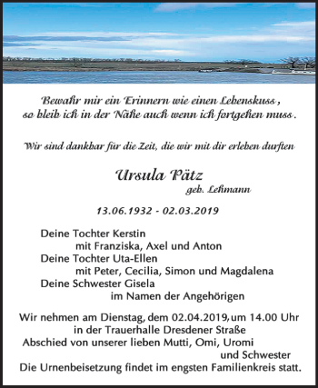 Traueranzeige von Ursula Pätz von Mitteldeutsche Zeitung