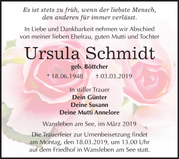 Traueranzeige von Ursula Schmidt von Mitteldeutsche Zeitung Mansfelder Land