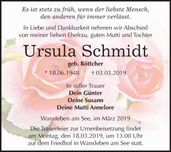 Traueranzeige von Ursula Schmidt von Wochenspiegel Mansfelder Land