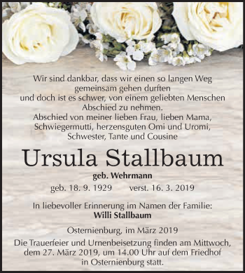 Traueranzeige von Ursula Stallbaum von WVG - Wochenspiegel Dessau / Köthen
