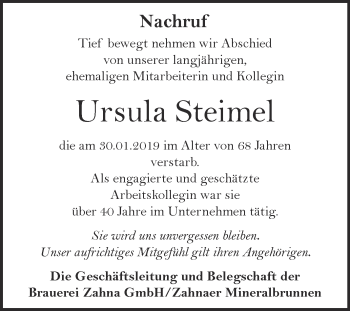 Traueranzeige von Ursula Steimel von WVG - Wochenspiegel Wittenberg