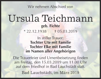 Traueranzeige von Ursula Teichmann von WVG - Wochenspiegel Merseburg