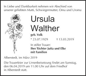 Traueranzeige von Ursula Walther von WVG - Wochenspiegel Merseburg