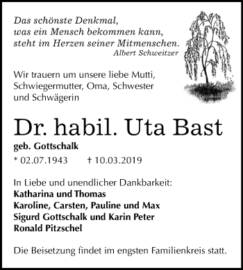 Traueranzeige von Uta Bast von Mitteldeutsche Zeitung Halle/Saalkreis