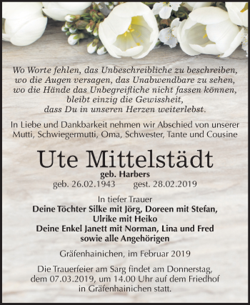 Traueranzeige von Ute Mittelstädt von Mitteldeutsche Zeitung