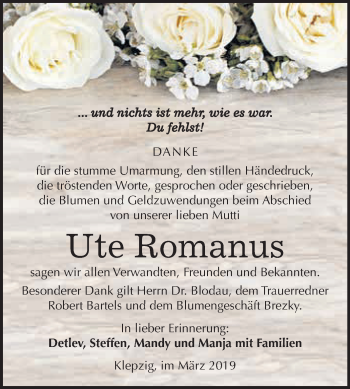 Traueranzeige von Ute Romanus von WVG - Wochenspiegel Dessau / Köthen