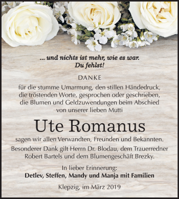 Traueranzeige von Ute Romanus von Mitteldeutsche Zeitung Köthen