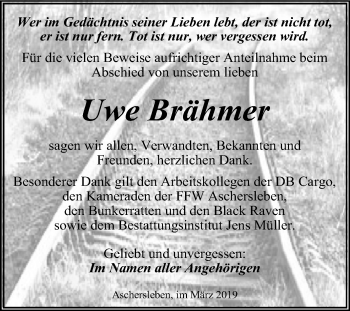 Traueranzeige von Uwe Brähmer von Mitteldeutsche Zeitung Aschersleben