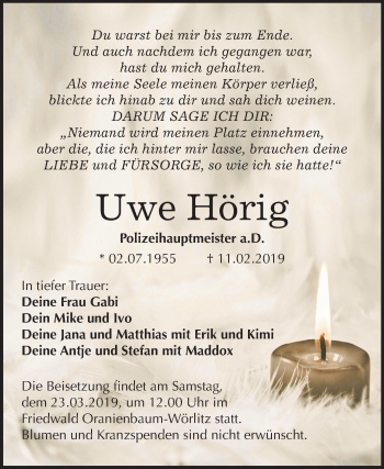Traueranzeige von Uwe Hörig von Mitteldeutsche Zeitung